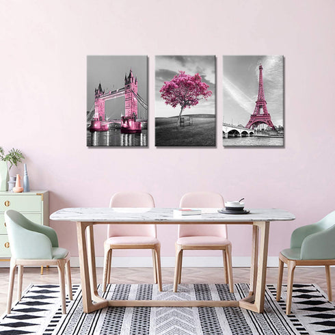 Decor for Bedroom for Girls Pink Paris Theme Room Decor Wall Art Canvas Black and White Art Eiffel Tower Pictures Decorations Tower Paris Eiffel Tower Painting Framed (16"x24"x3Panles)