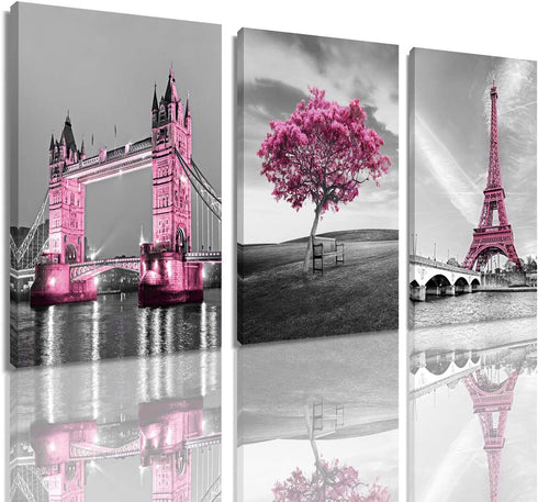 Decor for Bedroom for Girls Pink Paris Theme Room Decor Wall Art Canvas Black and White Art Eiffel Tower Pictures Decorations Tower Paris Eiffel Tower Painting Framed (16"x24"x3Panles)