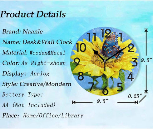 Naanle Chic Beautiful Sunflower Blue Butterfly Round Wall Clock, 9.5 Inch Battery Operated Quartz Analog Quiet Desk Clock for Home,Kitchen,Office,School