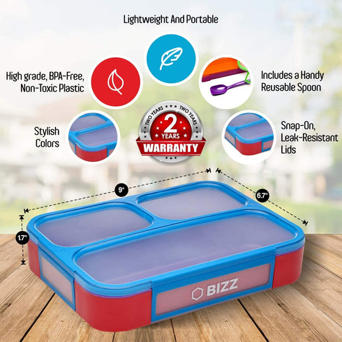 Bizz Lunch Box Containers Set (2-Pack) with Reusable Spoon, 37-oz Fun Innovative Bento Boxes Equipped with Removable Snap-On Lid Cover, Leakproof Meal Prep Lunchbox, Healty Eating, Food Grade BPA-Free