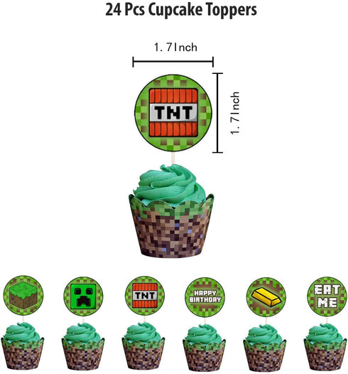 Pixel Style Gamer Birthday Party Supplies includes Banner - Cake and Cupcake Toppers - Balloons - Bracelets - Invitation Cards - Candy Bar Wrappers - Chip Can Labels