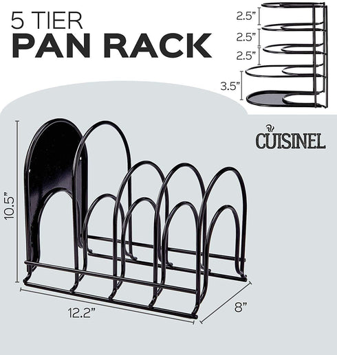 Heavy Duty Pan Organizer, 5 Tier Rack - Holds up to 50 LB - For Cast Iron Skillets, Griddles and Shallow Pots - Durable Steel Construction - Space Saving Kitchen Cabinet Storage - No Assembly Required
