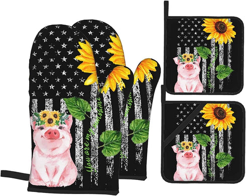 Oven Mitts and Pot Holders Sets Farmhouse Sunflower Pig American Flag Kitchen Microwave Gloves and Hot Pads Potholders with Cotton Liner Grip Cooking Mitts for Baking Cooking Grilling BBQ