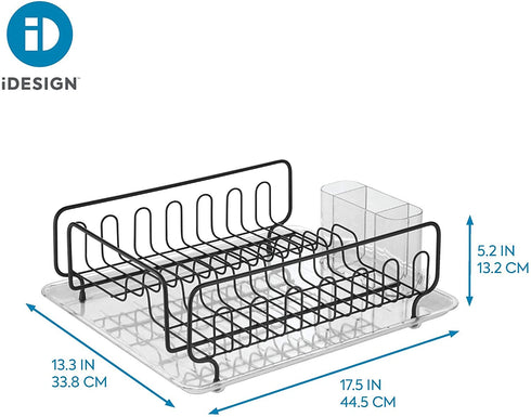 iDesign Forma Lupe Kitchen Dish Drainer Rack with Tray for Drying Glasses, Silverware, Bowls, Plates - Black Matte/Clear