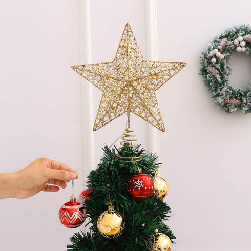 Toyvian Christmas Tree Topper Lighted Star - Gold Glitter Treetop Star LED Star Shape Light Hollow Star Xmas Party Decoration, 11.8 x 9.8 Inch, Gold