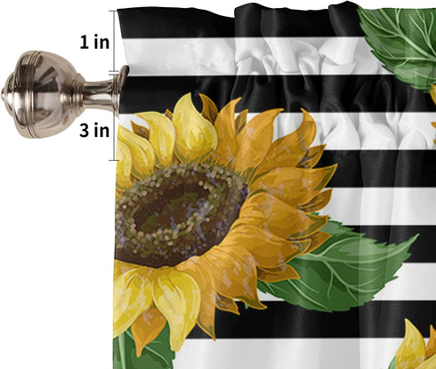 Sunflowers Valance Curtain for Windows, Farmhouse Black Stripes 54x18in Privacy Panel Rod Pocket Window Treatment Set, Summer Rural Sunflower Short Valances for Bathroom Kitchen Bedroom(1Pcs)