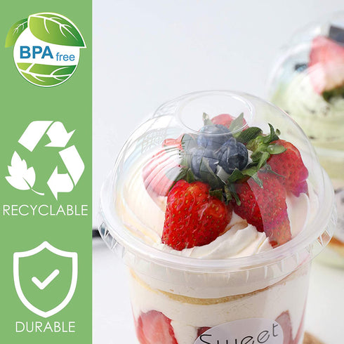 50 Pack 12oz Clear Plastic Cups with Dome Lids (No Hole), Crystal PET Disposable Dessert Cups for Parfait Ice Cream Fruit Iced Cold Drinks