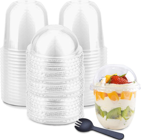50 Pack 12oz Clear Plastic Cups with Dome Lids (No Hole), Crystal PET Disposable Dessert Cups for Parfait Ice Cream Fruit Iced Cold Drinks
