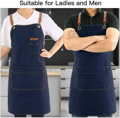 RockyToy Chef Apron with Cross Back Straps for Men Women, Cotton Canvas Apron for Artists Painting, Kitchen Cooking