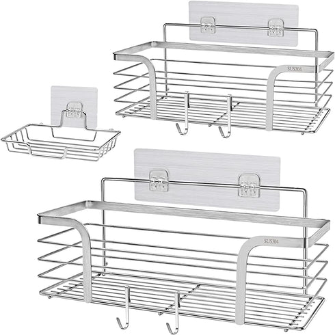 Yougai Shower Caddy Shelf Basket with Soap Dish and 4 Hooks, SUS304 Stainless Steel Shampoo Holder Bathroom Organizer No Drilling Adhesive Wall Mounted Storage Shelves for Kitchen, Toilet, Bathroom Rack Accessories-2 Pack, Silver