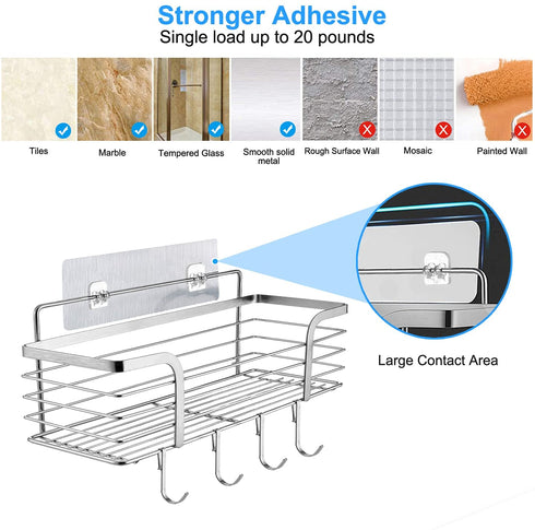 Yougai Shower Caddy Shelf Basket with Soap Dish and 4 Hooks, SUS304 Stainless Steel Shampoo Holder Bathroom Organizer No Drilling Adhesive Wall Mounted Storage Shelves for Kitchen, Toilet, Bathroom Rack Accessories-2 Pack, Silver