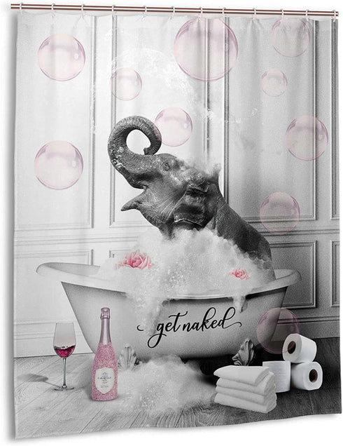 WALLOHERE Grey Shower Curtains Elephant in Bathtub with Pink Bubbles Shower Curtain Funny Animal Theme Thick Plastic Shower Curtains Waterproof Polyester for Home Decorations Bathroom 60x72 Inch