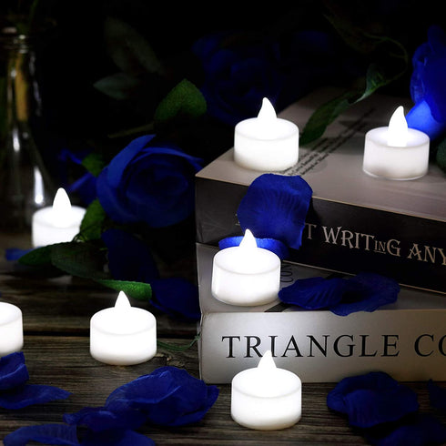 1000 Pieces Artificial Fake Rose Petals with 24 Pieces Flameless LED Tea Lights Candles for Romantic Night, Valentine's Day, Wedding Flower Decoration, Anniversary, Honeymoon (Blue)