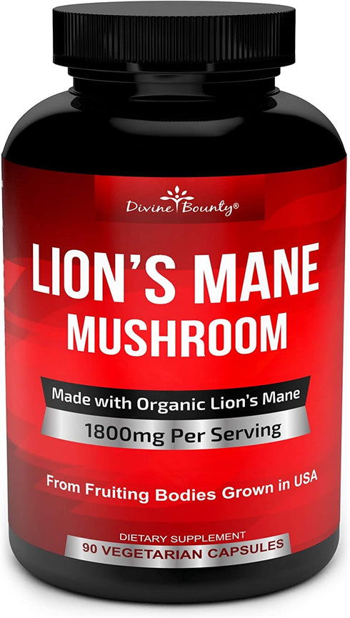 Organic Lions Mane Mushroom Capsules - 1800mg Strongest Lion's Mane Mushroom Supplement - Non-GMO Lions Mane Extract Powder - Nootropic Brain Supplement - Brain & Immune Support - 90 Vegetarian Caps