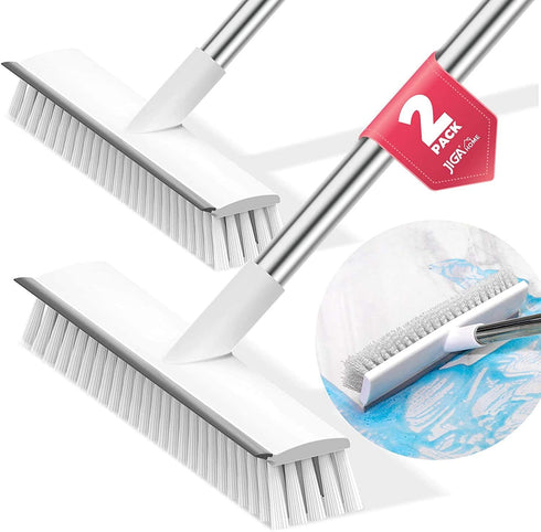 JIGA 2 Pack Floor Scrub Brush with Long Handle, Stiff Bristle Brush Scrubber, Cleaning Brush for Deck, Bathroom, Tub, Tile, Grout, Kitchen, Swimming Pool, Patio, Garages, Gray