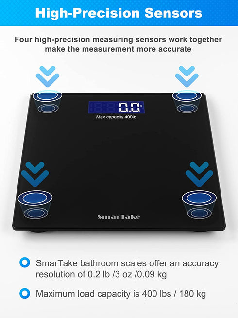 Weight Scale, SmarTake Precision Digital Body Bathroom Scale with Step-On Technology, 6mm Tempered Glass Easy Read Backlit LCD Display, Body Tape Measure Included, 400 Pounds, Black