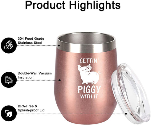 Gingprous Pig Swine Lover Gifts on Christmas Birthday, Gettin' Piggy With It Cute Funny Wine Tumbler with Pig, 12 Oz Stainless Steel Insulated Wine Tumbler with Lid and Straw, Rose Gold