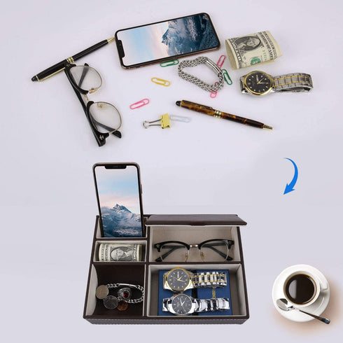 Baoyun Mens Valet Tray Organizer - Leather Nightstand Dresser Top Box with 5 Compartment for Accessories, Wallet, Phone, Keys (Brown)