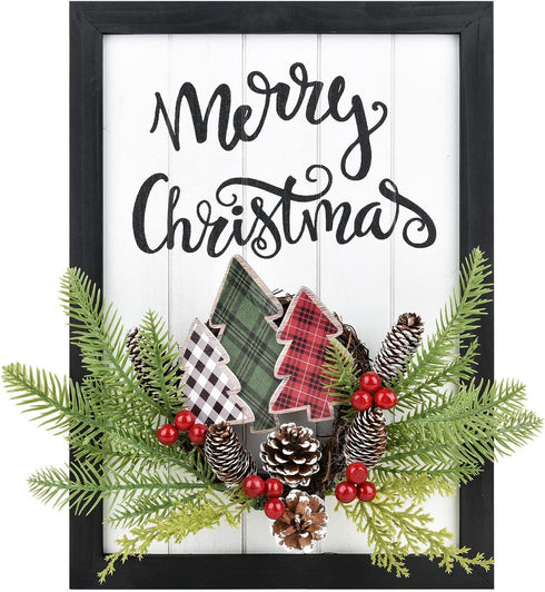 Lvydec Christmas Haning Wall Sign Decoration, 17 x 12 Inch Merry Christmas Hanging Sign Rustic Farmhouse Door Sign with a Small Wreath for Front Door Wall Window Holiday Decoraiton