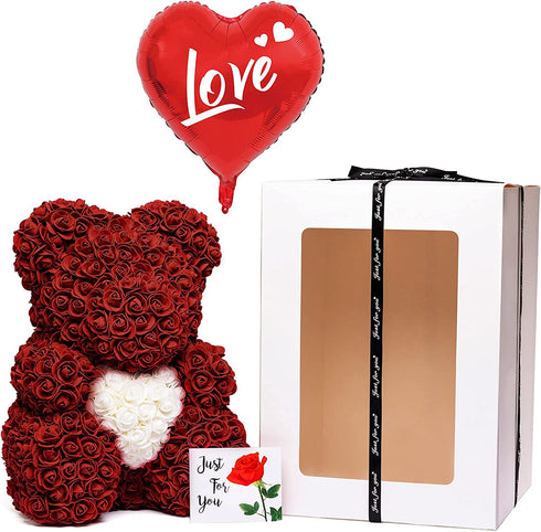 FERVENT LOVE Gifts for Her Women 16" Rose Bear Valentines Day Gifts for Her/Wife Wine Red Rose Teddy Bear with Heart Artificial Flowers Bear with Gift Box Heart-Shaped Ballon and Greeting Card
