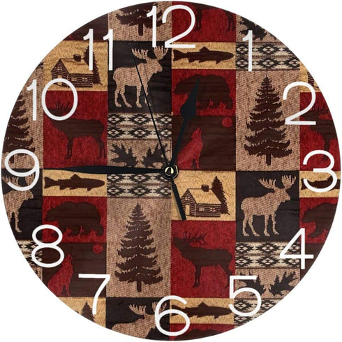 Rustic Lodge Bear Moose Deer Wall Clock Silent Non-Ticking 10 Inch Round Wall Clock Home Decor Clock Art for Living Room Kitchen Bedroom