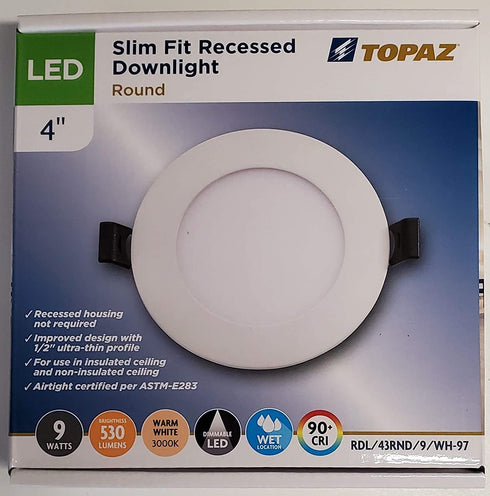 Topaz Lighting 70902, (Replaces Item 77229) 9 Watt 4 Inch Round LED Slim Fit Recessed Downlight, 3000K Half Inch Profile, 530 Lumens, 90 CRI, Snaps Into Ceiling, No Lighting Can Needed
