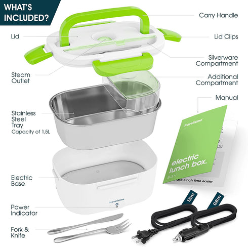 TRAVELISIMO Electric Lunch Box 3 in 1, Heated Lunch Boxes for Adults for Car, Truck, Home and Work 12V 24V & 110V 40W, Loncheras Electricas para Calentar Almuerzo, (Green)