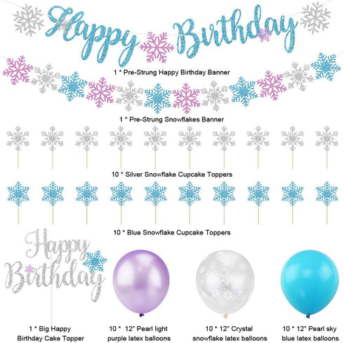 Snowflake Birthday Party Decorations with Happy Birthday Snowflake Banner, Cake Toppers, Purple Blue White Snowflake Balloons for Frozen Birthday Party Supplies Winter Wonderland Baby Shower