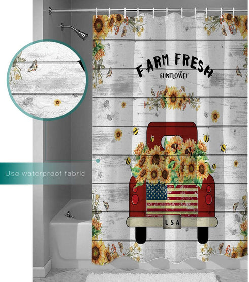 ZOE GARDEN Shower Curtain Set with Hook 36" x 78", Farm Sunflower Red Truck and Bees Retro Wood Board | Bathroom Decor Waterproof Polyester Fabric Bathroom Accessories Bath Curtain