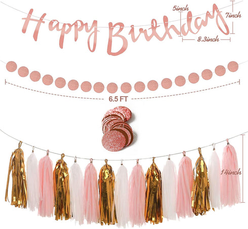 Rose Gold and Pink Birthday Party Decorations Set with Happy Birthday Banner,DIY Cake Topper,Circle Dots Garland,Hanging Swirls,Tissue Paper Pompoms,Paper Tassels Garland,Confetti Balloons for Man Women Birthday Party Decorations