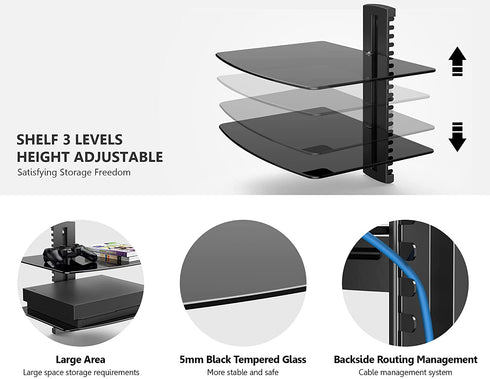 Fenge 2 Tiers Av Shelf Wall Mount Shelf Black Bracket Stand for AV Receiver Component Xbox Cable Boxes Gaming Systems