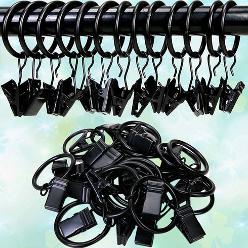 110PCS Curtain Rings with Clips, Premium Drapery Clips with Rings, Metal Hangers Drapes Rings Rustproof, Fits Diameter 5/8 in Curtain Rod Black