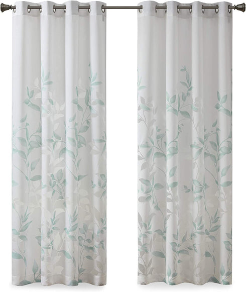 Madison Park Cecily Semi Sheer Single Panel Window Curtain Burnout Botanical Print, Easy to Hang, Fits up to 1.25" Diameter Rod, 50x84, Leaves Aqua
