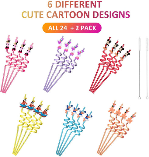 24 Mouse Straws with 2 Cleaning Brush 6 Designs Great for Mickey Theme Birthday Minnie Party Favors and Party Supplies