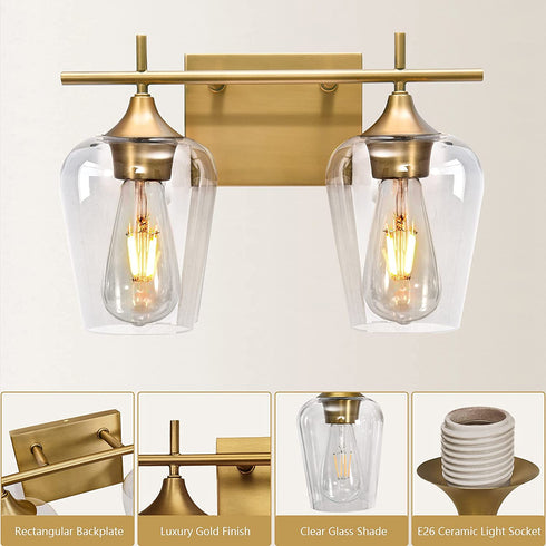 Vanity Lights Fixtures, Zicbol 2 Light Bathroom Light, Gold Bronze Bathroom Lighting Fixtures Over Mirror with Clear Glass Shade, Modern Vanity Lighting for Bath, Living Room, Bedroom