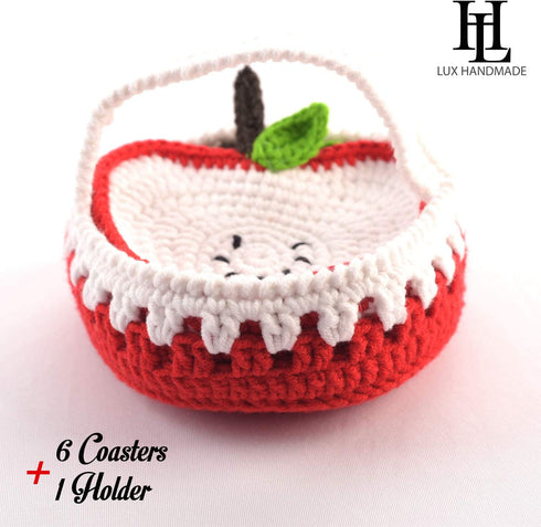 Crochet Doilies 4 Inch Coaster Set, Doily Crochet Coasters Set with Holder, Dollies Crochet Coasters for Wedding Decorations, Outdoor Coasters for Patio Table, Pack of 7, White Apple