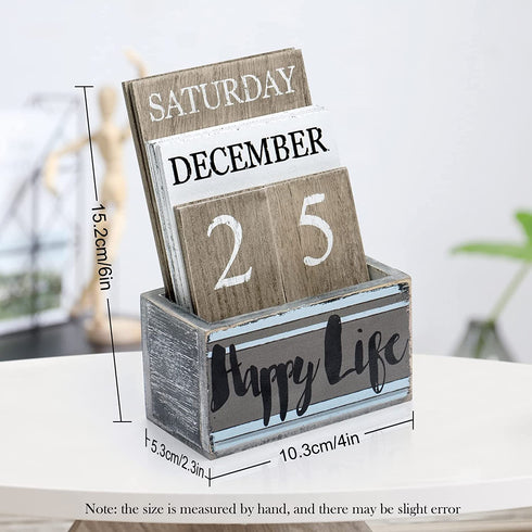 Gaobei Perpetual Calendar Wooden Calendar Blocks Vintage Wood Block Calendar for Home Office Desk Accessories Week Month Date Display (Happy Life)