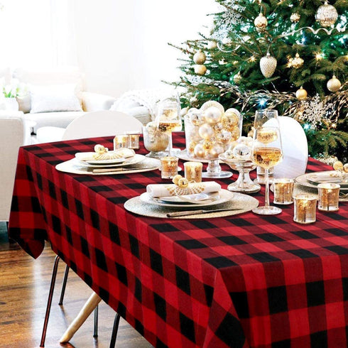 OurWarm Christmas Tablecloth Rectangle 60 x 84, Buffalo Plaid Tablecloth Rectangle, 100% Cotton Waterproof Black and Red Checkered Tablecloth for Dining Table, Buffet Party, and Christmas Table Decor
