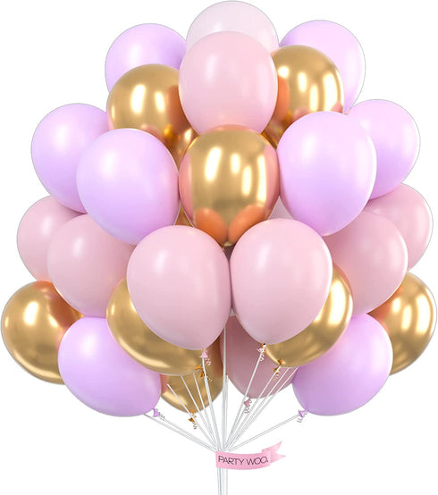 PartyWoo Purple Pink Gold Balloons, 60 pcs 12 Inch Purple Balloons, Light Pink Balloons, Gold Metallic Balloons and Pink Balloons, Purple Pink Balloons for Princess Birthday Party, Purple Baby Shower