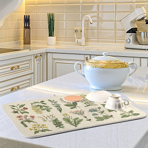Flower Herbs Dish Drying Mat for Kitchen Counter Decor 18x24 Inch Absorbent Reversible Wild Plant Dish Mat Microfiber Drying Pad Sage Leaves Dish Drainer Rack Mats for Coffee Bar