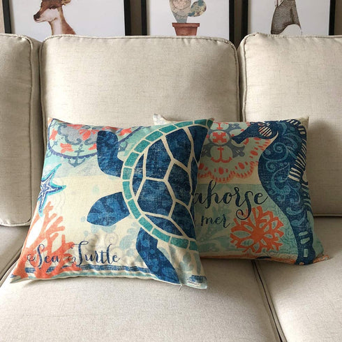 ULOVE LOVE YOURSELF Ocean Theme Square Pillow Case Mediterranean Style Decorative Cotton Linen Throw Coastal Cushion Cover Sets 18 X 18 Inch Pillow Covers, 4 Pack Nautical Pillow Covers (Sea Theme-2)