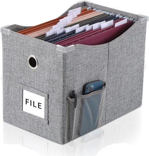 Linen File Boxes 1-Pack with Metal Sliding Rail For Letter Size File Storage Box with Extra Pocket Storage Collapsible Hanging File Organizer Storage Filing Box File Organizer Bin (1, GREY)