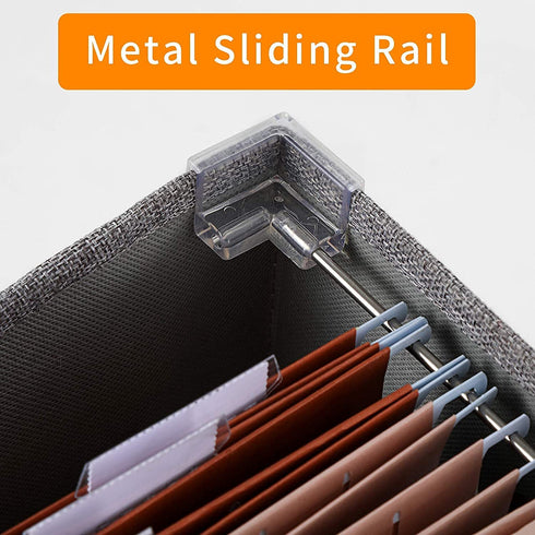 Linen File Boxes 1-Pack with Metal Sliding Rail For Letter Size File Storage Box with Extra Pocket Storage Collapsible Hanging File Organizer Storage Filing Box File Organizer Bin (1, GREY)