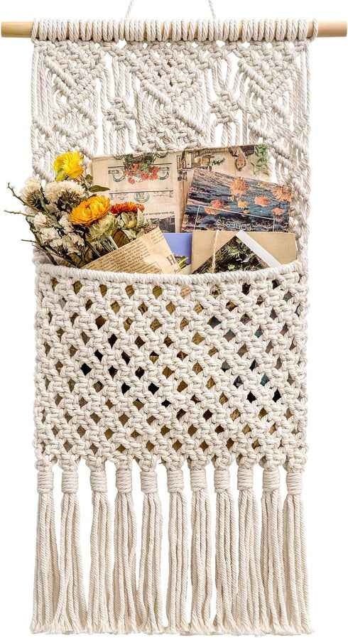 Mkono Macrame Wall Holder Small Mail Letters Storage Organizer Holder Wall Mount Cotton Wovening Hanging Pocket Boho Home Decor Ivory, 13" W — 24.5" L
