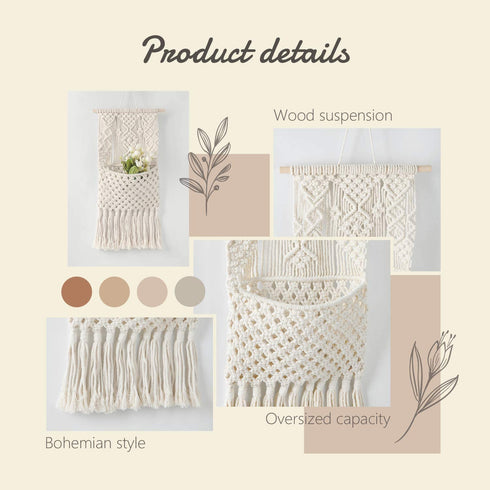 Mkono Macrame Wall Holder Small Mail Letters Storage Organizer Holder Wall Mount Cotton Wovening Hanging Pocket Boho Home Decor Ivory, 13" W — 24.5" L