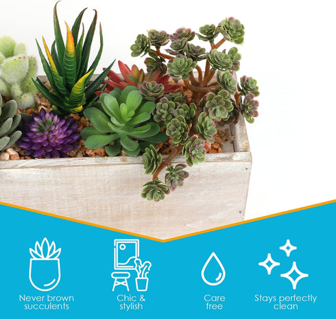 Houseables Succulent Plant Arrangement, Artificial Succulents Planter, 11.5 x 7.5 x 3.75, Assorted Plants, Long Rectangular Wood Centerpiece for Tables, Fake Cactus Decoration, Rustic, Faux Decor