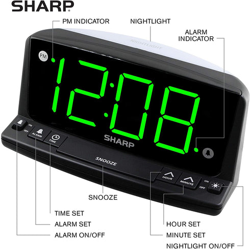 Sharp LED Digital Alarm Clock Simple Operation - Easy to See Large Numbers, Built in Night Light, Loud Beep Alarm with Snooze, Bright Big Green Digit Display
