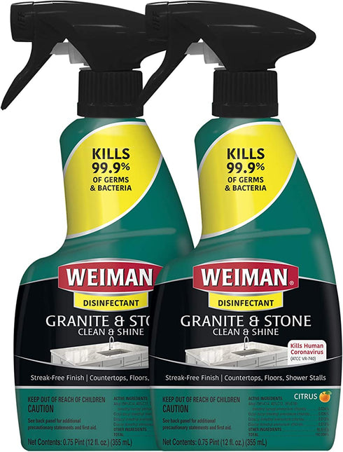 Weiman Disinfectant Granite Daily Clean & Shine - 12 fl oz (2 Pack) Safely Clean Disinfect and Shine Granite Marble Soapstone Quartz Quartzite Slate Limestone Corian Laminate Tile Countertop