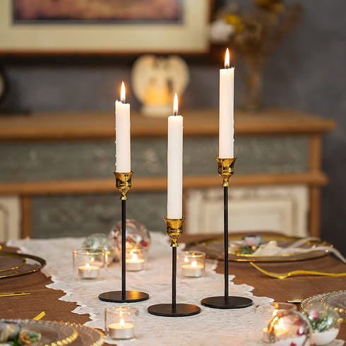 Romadedi Candlestick Holders for Taper Candle - Set of 3 Gold and Black Decorative Candle Stick Holder for Home Mantel Dinning Table Christmas Wedding Centerpiece Decorations, 5.8/8/8.8™™ Tall