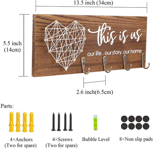 FREEDHIN Key Holder for Wall with 4 Hooks, Rustic Home Decor Key Hanger for Wall, Wall Mount Wooden Key Holder for Entryway or Mudroom (Brown)